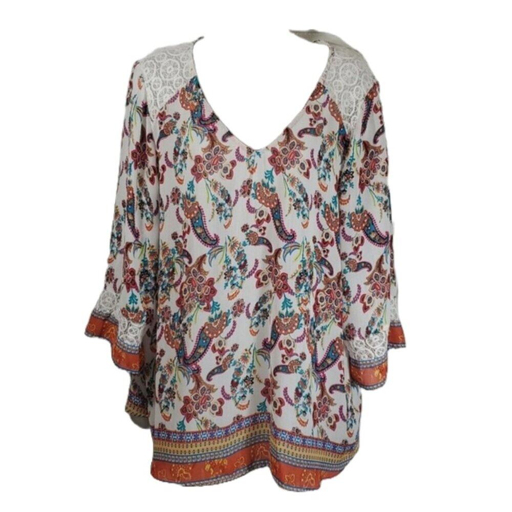 Anthropologie Fig and Flower Boho Paisley Lace Inset V-Neck Tunic Blouse SX 3X